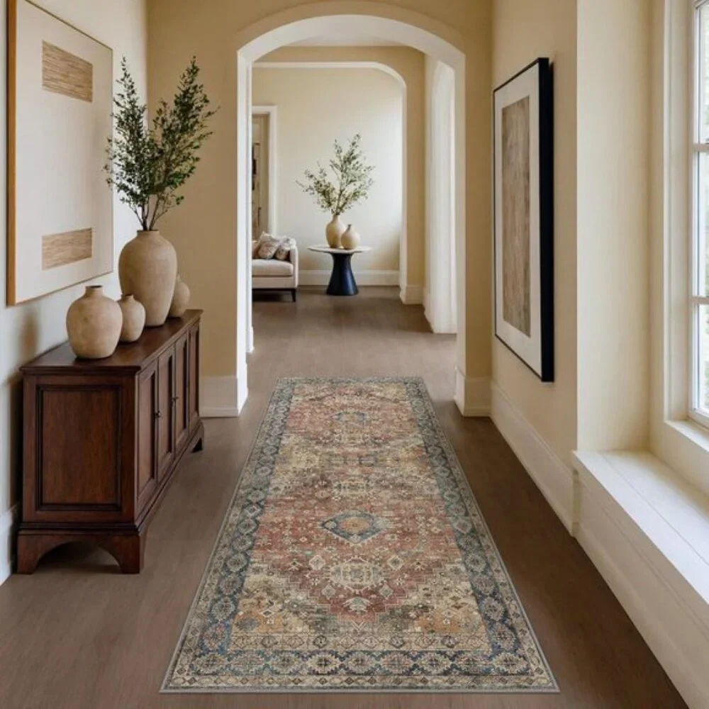 New 2x5 Non-Slip Runner Rug, Machine Washable Vintage Boho Chenille Carpet, Red